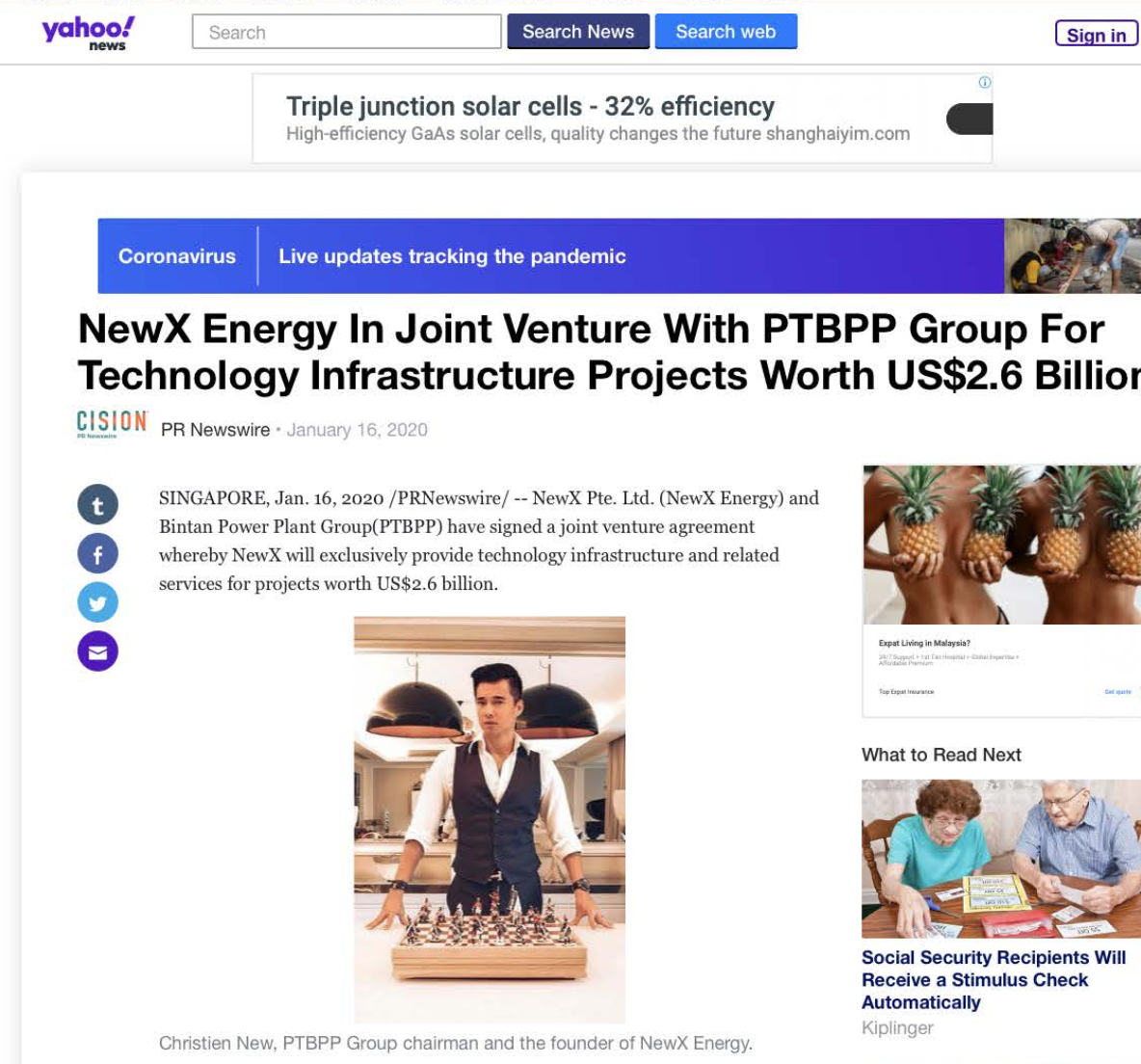 Business Insider – NewX Energy In Joint Venture With PTBPP Group For Technology Infrastructure Projects Worth US$2.6 Billion